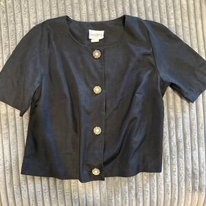 Vintage Blazer Blouse Top Womens 16 W Black Short-Sleeve Pearls Buttons